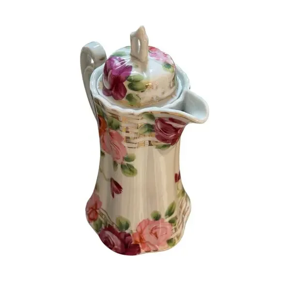 Vintage Hand Painted coffee tea pot & lid white porcelain pink & red roses
